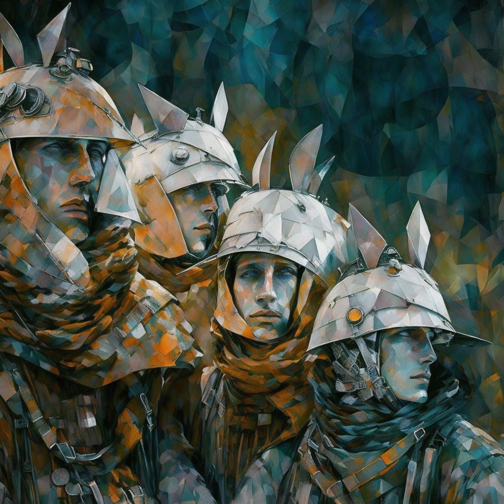 Stylized Artwork of Four Soldiers in Unique Helmets