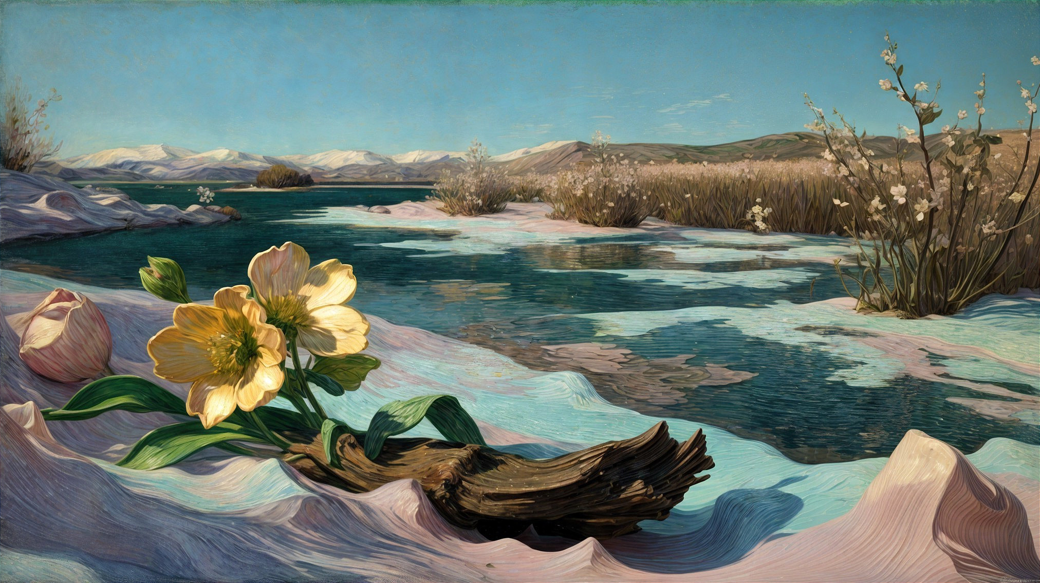 Serene Landscape with River and Snow-Covered Mountains