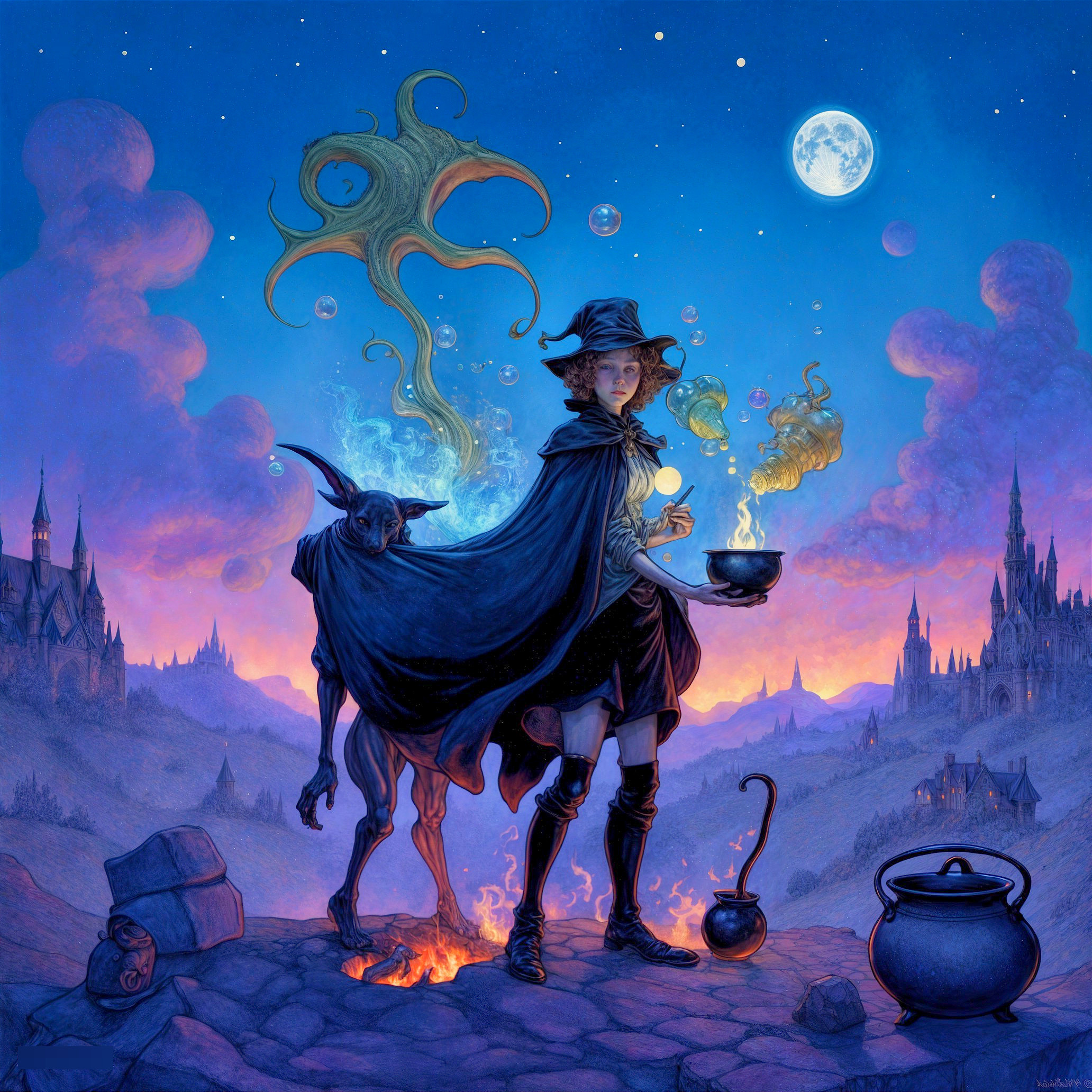 Mysterious Figure Brewing Potion Under Twilight Sky