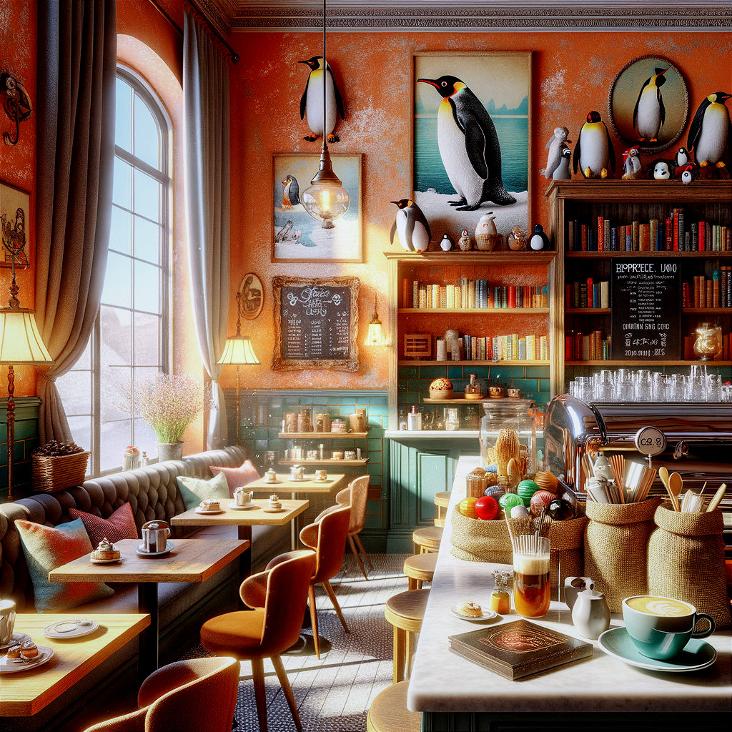 Cozy café with orange walls and whimsical decor