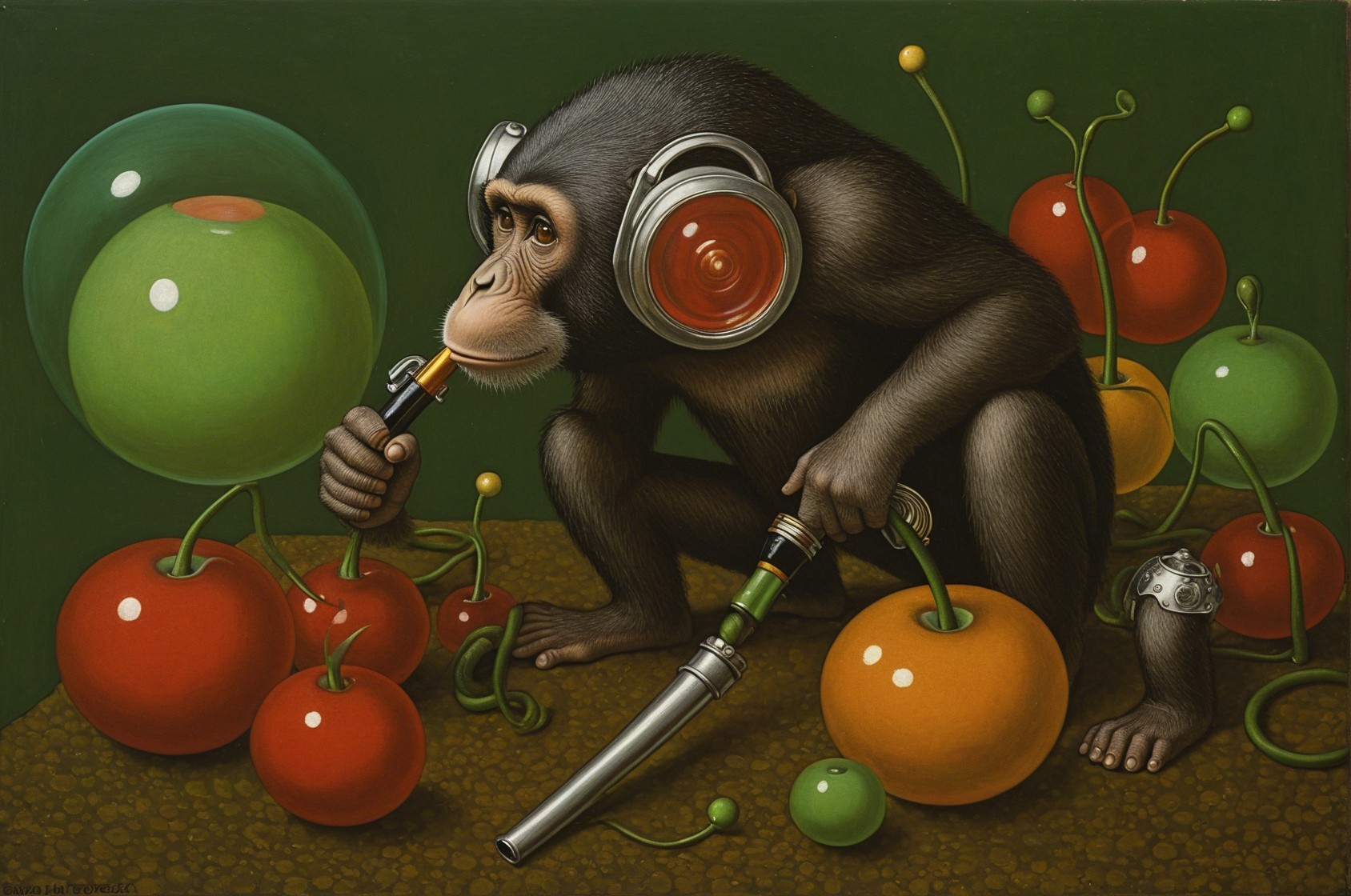 Whimsical Chimpanzee Surrounded by Colorful Fruits