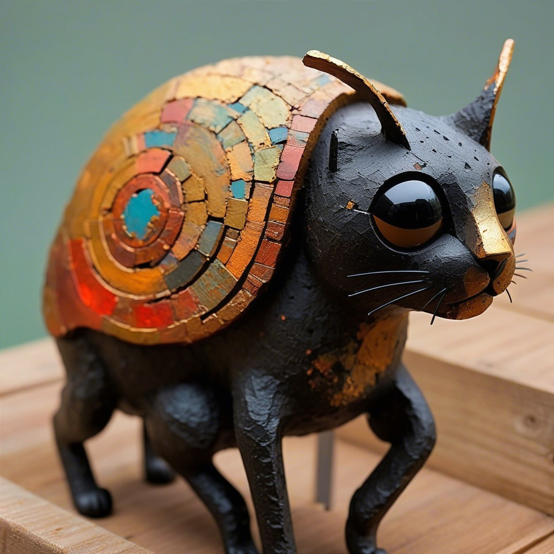 Whimsical Cat Sculpture with Snail Shell Design