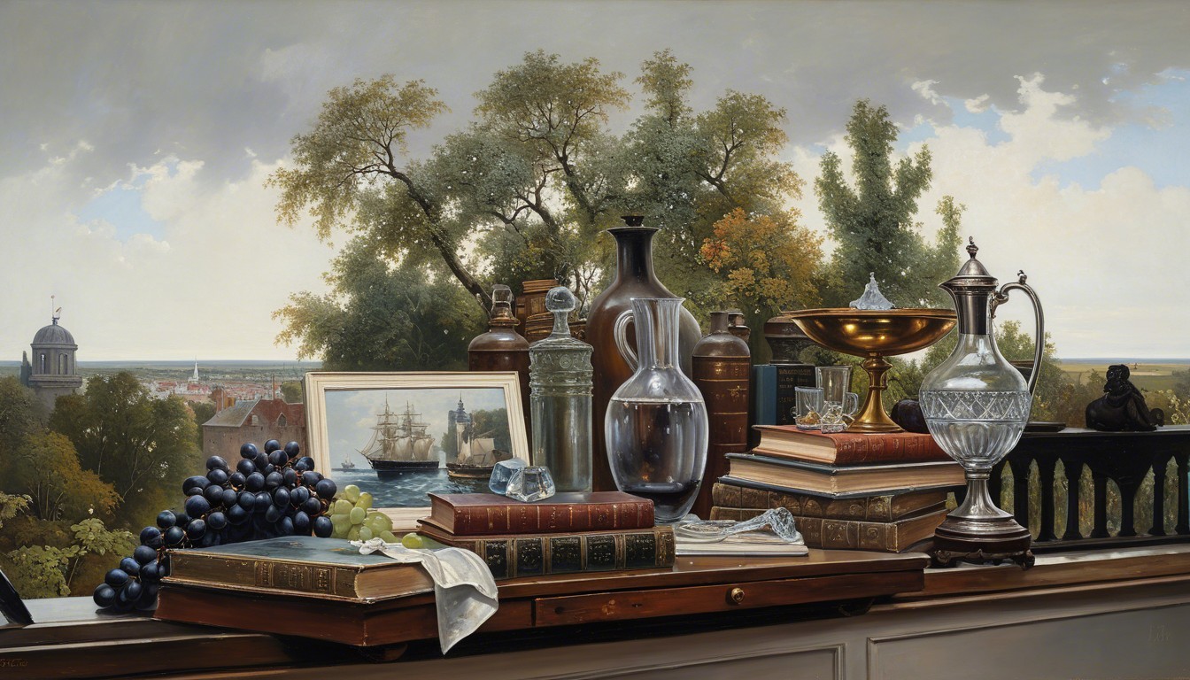 Vintage Still Life with Books, Bottles, and Landscape