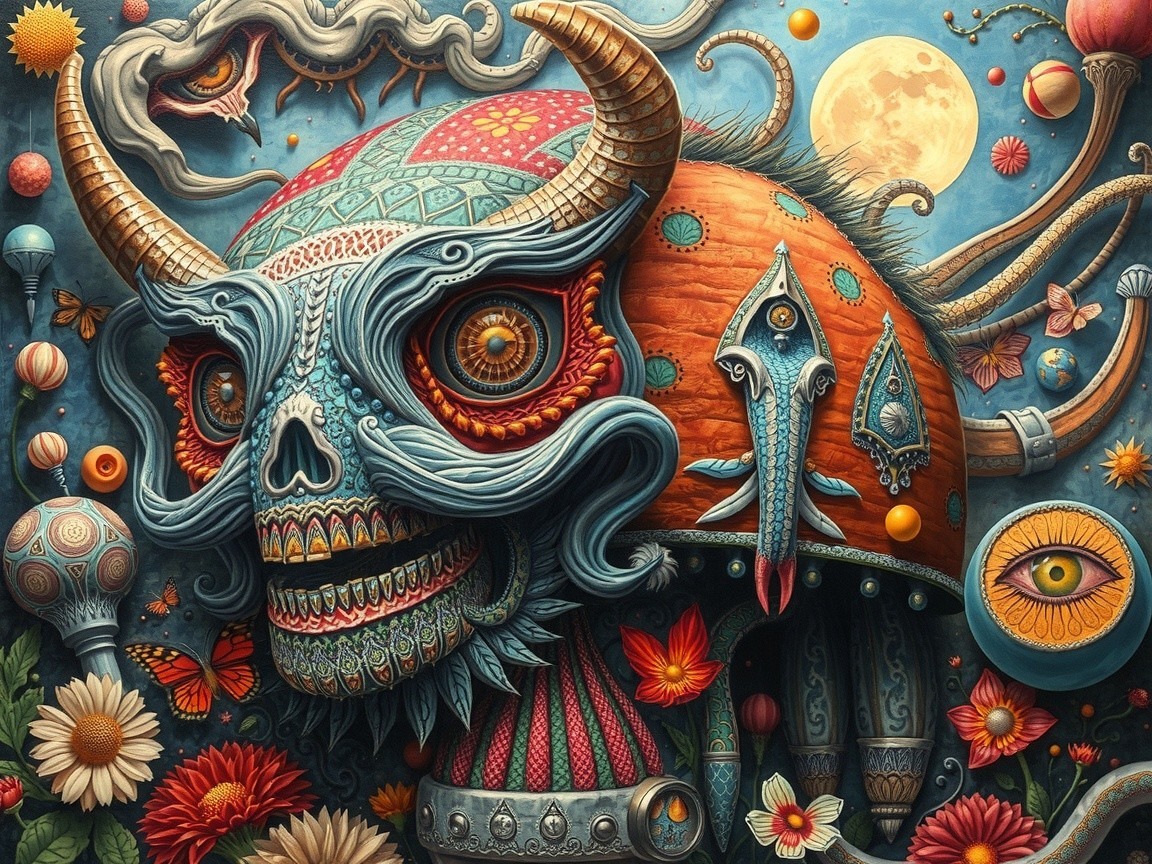 Surreal Artwork of Ornate Skull with Vibrant Details