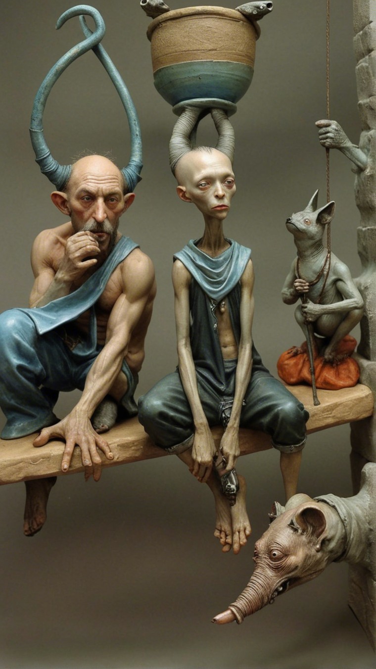 Surreal Scene with Whimsical Characters and Creatures