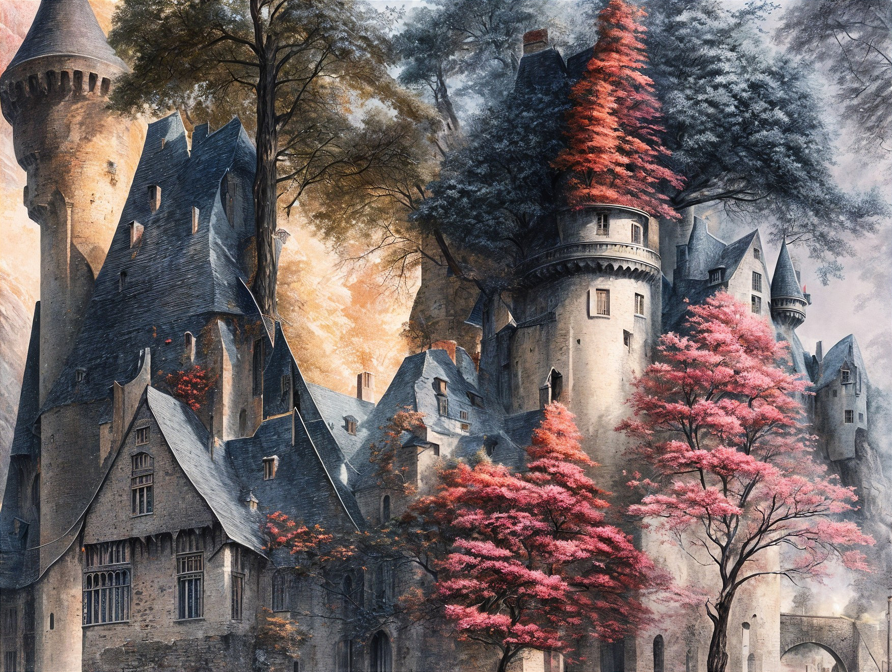 Majestic castle surrounded by vibrant autumn foliage