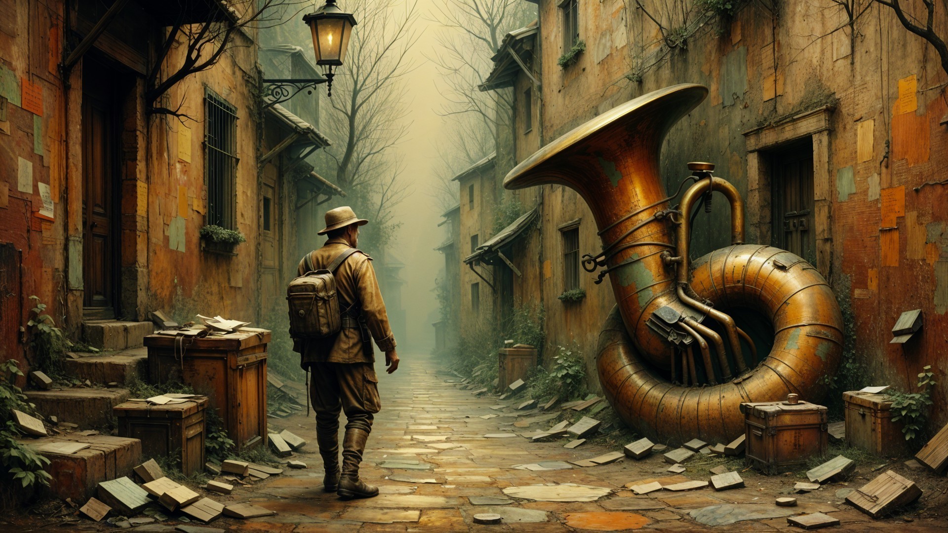 Adventurer and Brass Tuba in Misty Alleyway Scene