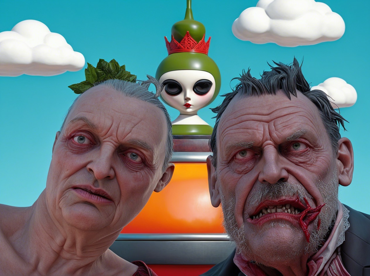 Surreal Scene with Grim Characters and Whimsical Figure