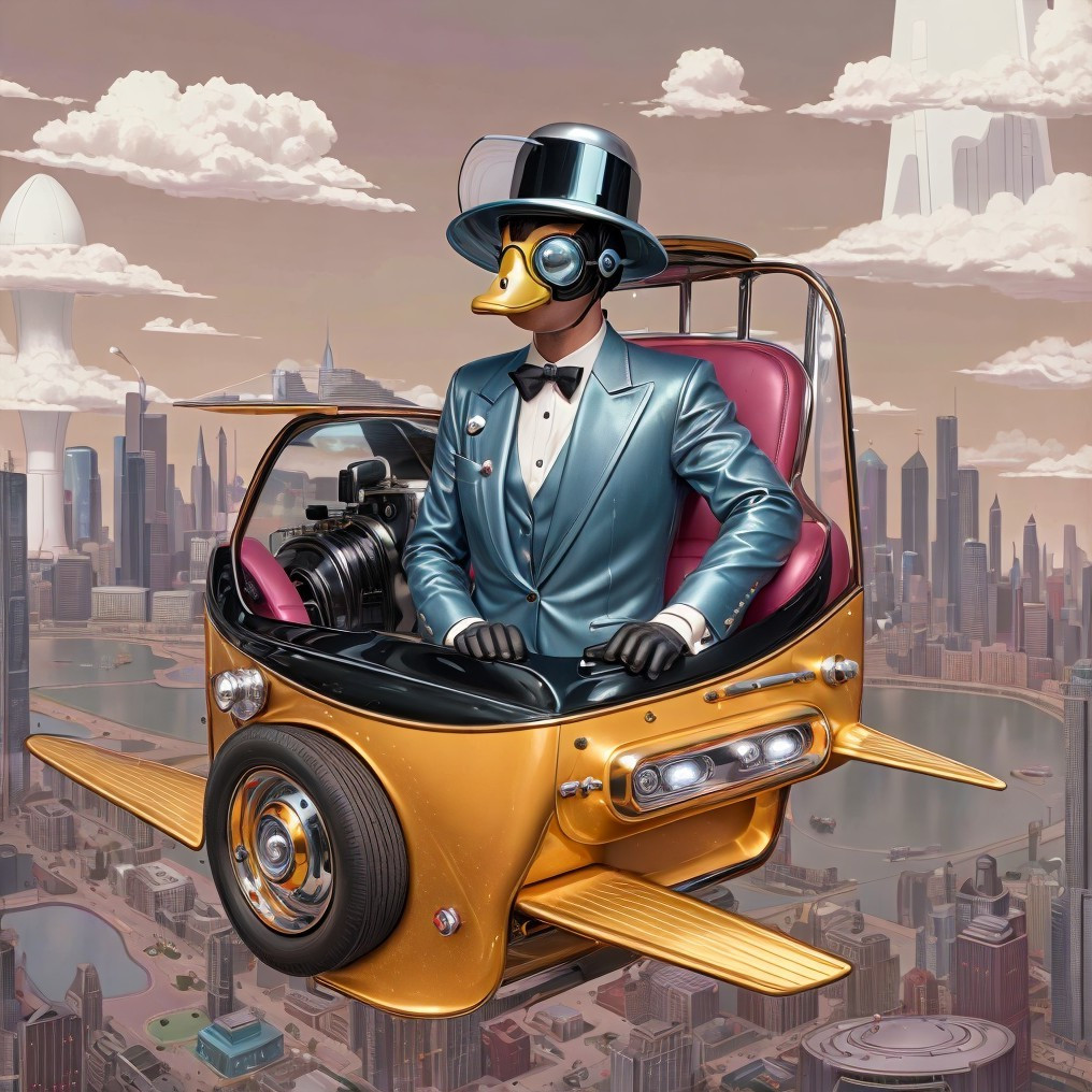 Whimsical Duck in Tuxedo Piloting Futuristic Vehicle