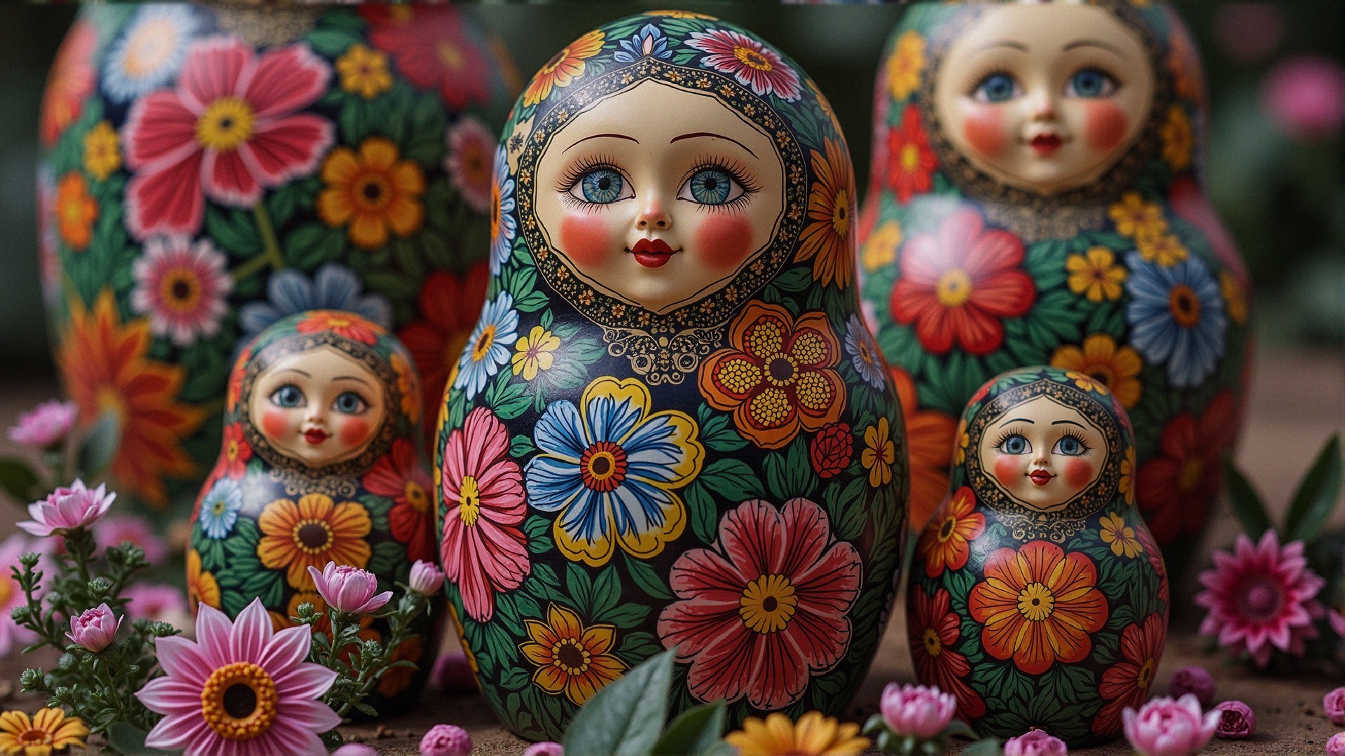 Vibrant Russian Matryoshka Dolls with Floral Patterns