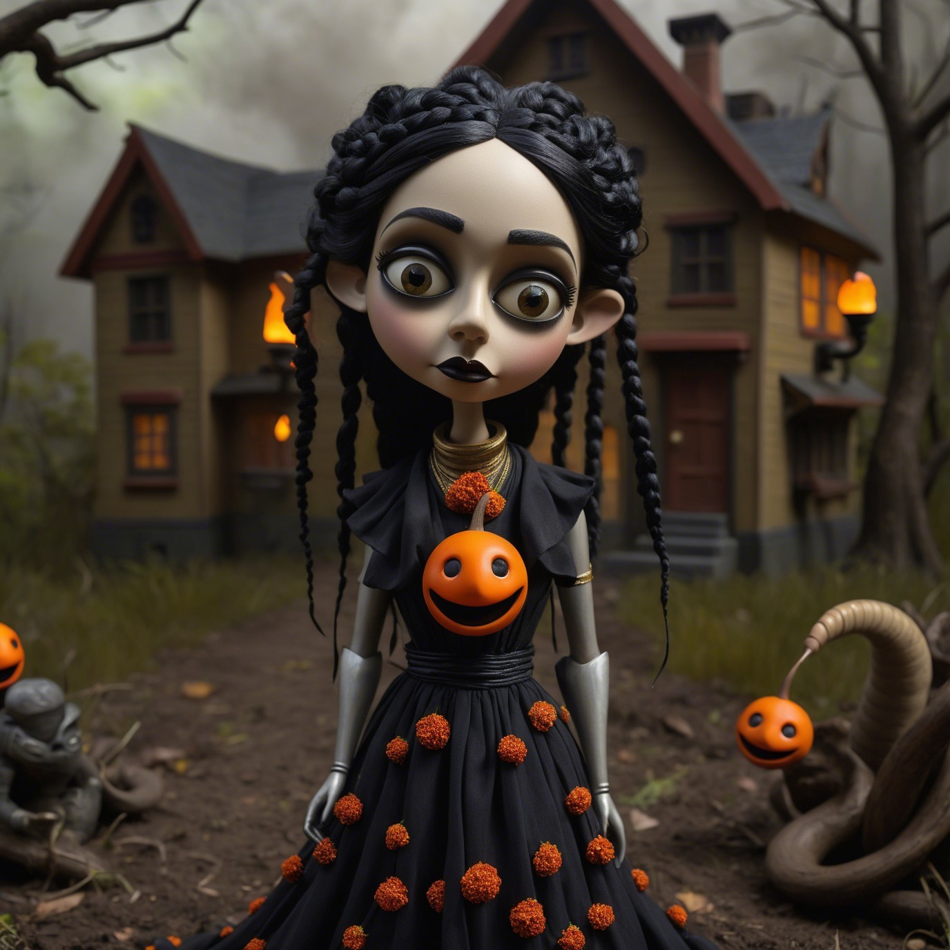 Eerie Doll in Black Gown with Pumpkin and Spooky Backdrop