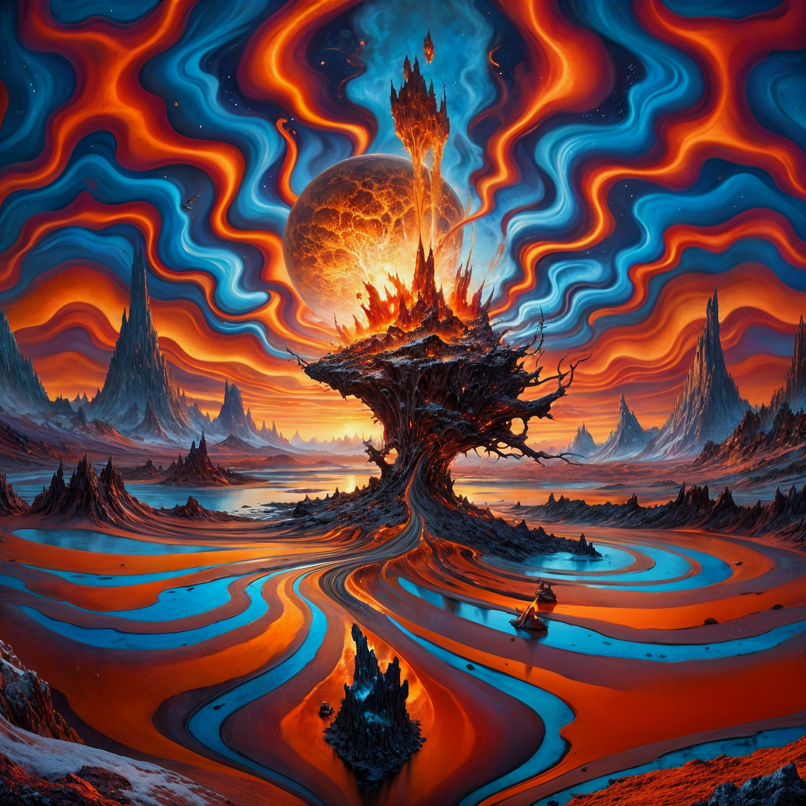 Surreal Landscape with Twisted Tree and Luminous Planet