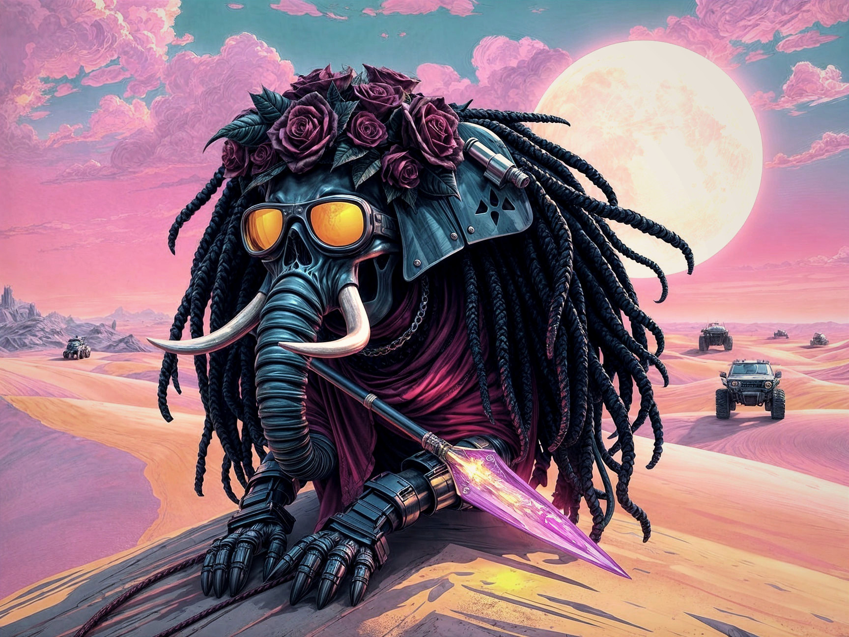 Surreal Desert Scene with Mechanical Elephant and Vehicles
