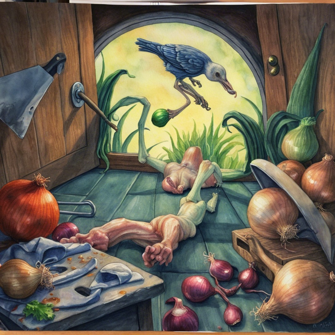 Whimsical Kitchen Scene with Vegetables and Blue Bird