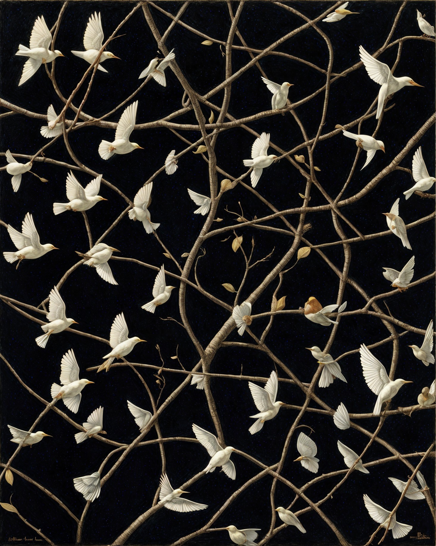 White Birds in Flight Among Dark Twisted Branches
