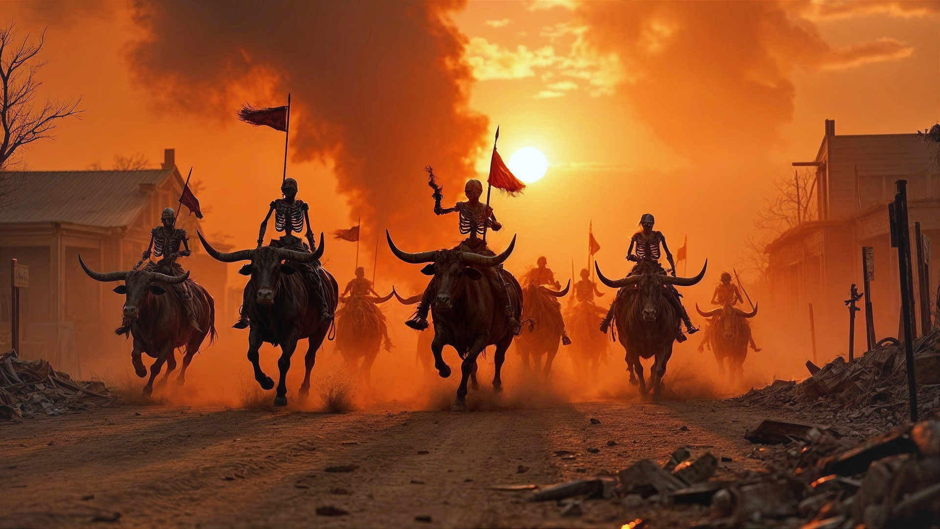 Skeletal Riders Charge Through a Deserted Sunset Street