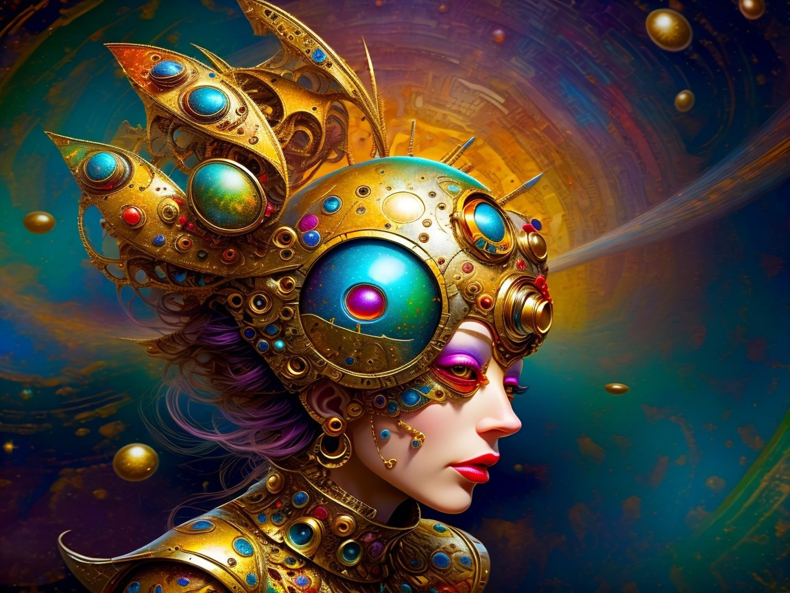 Fantastical character with golden headdress and cosmic backdrop