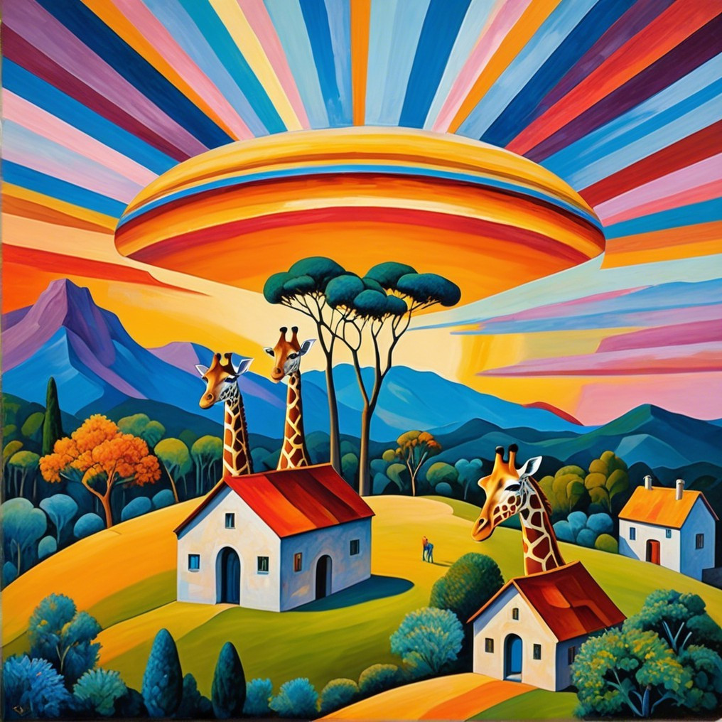 Surreal Landscape with Giraffes and Colorful Houses