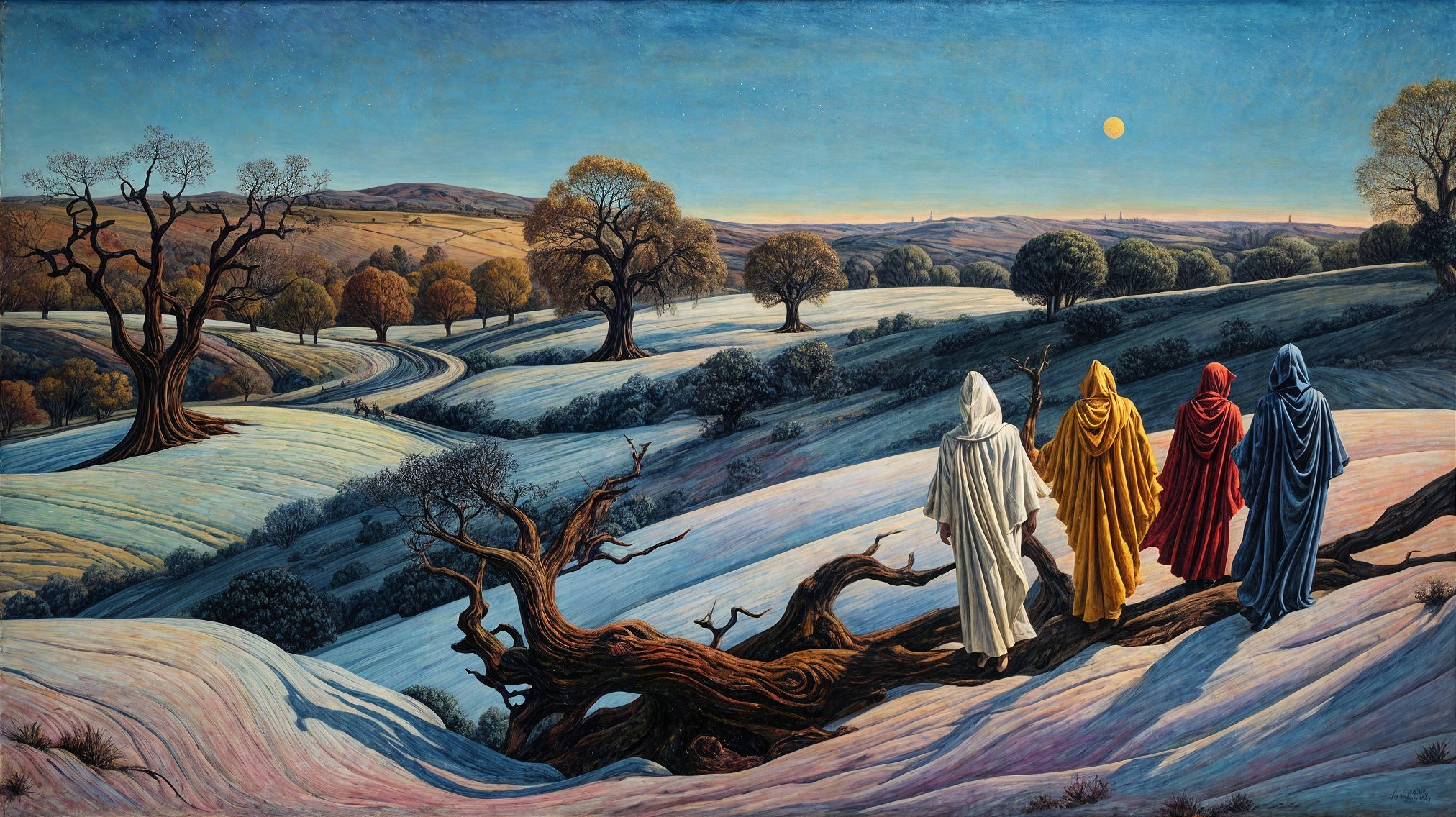 Three Figures in Colorful Cloaks on Snowy Landscape