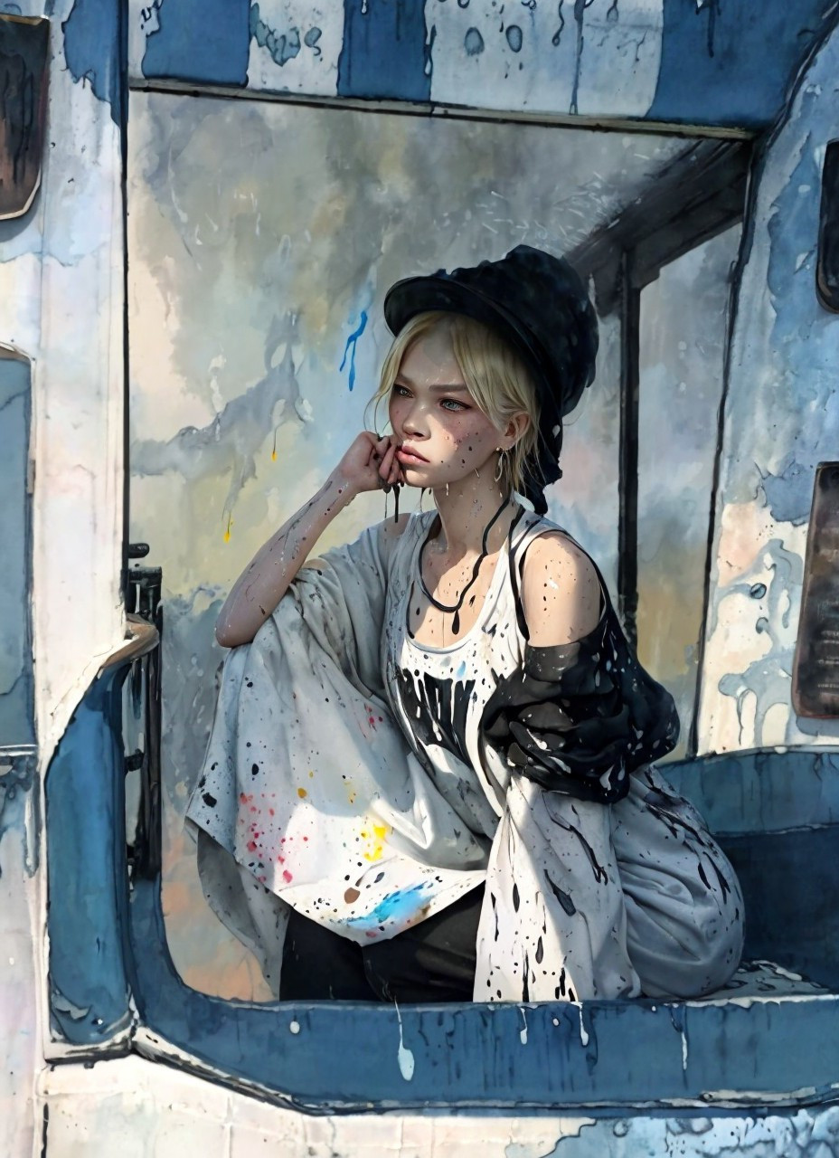 Young woman in colorful graffiti backdrop with hat
