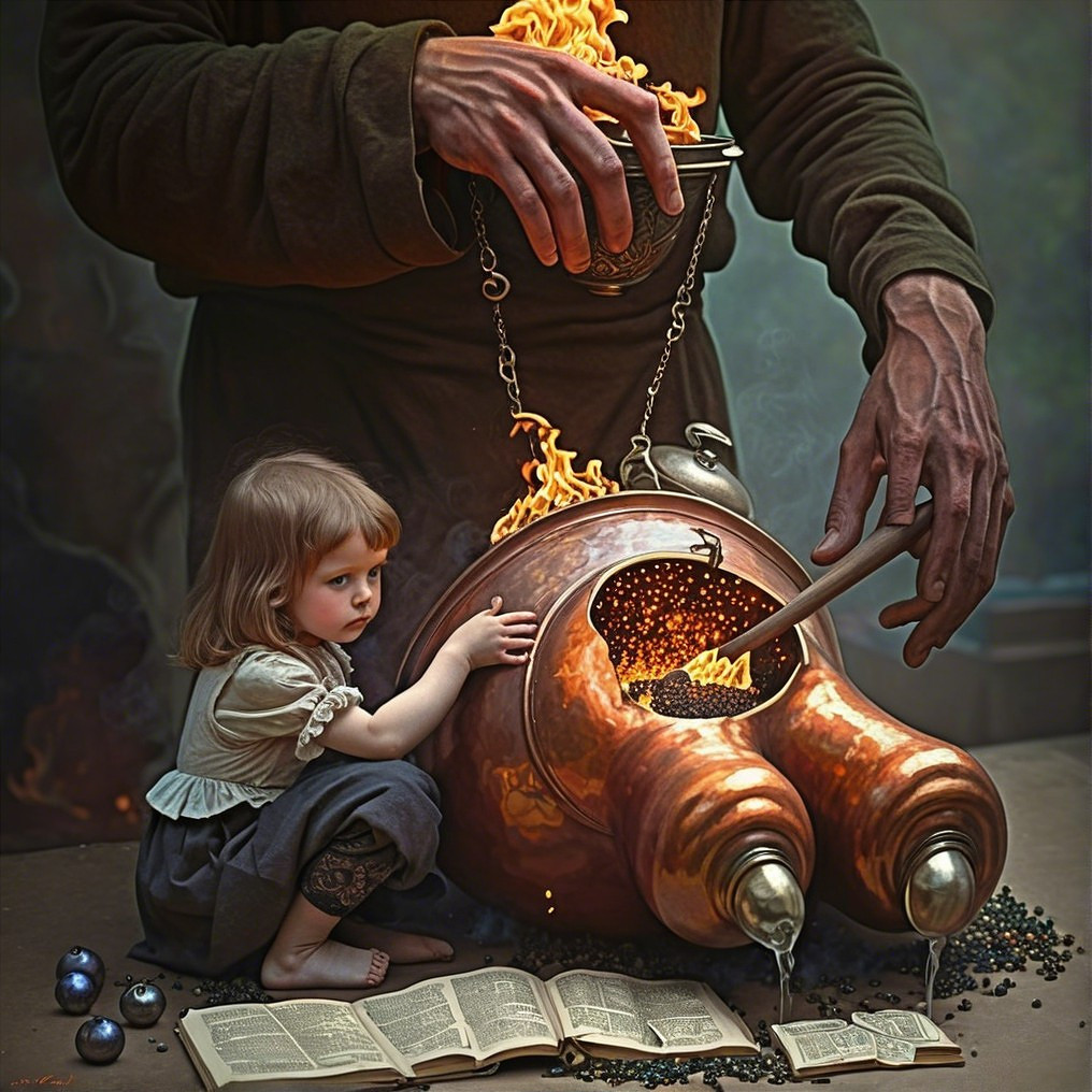 Giant Figure Pouring Glowing Gold in Enchanting Scene