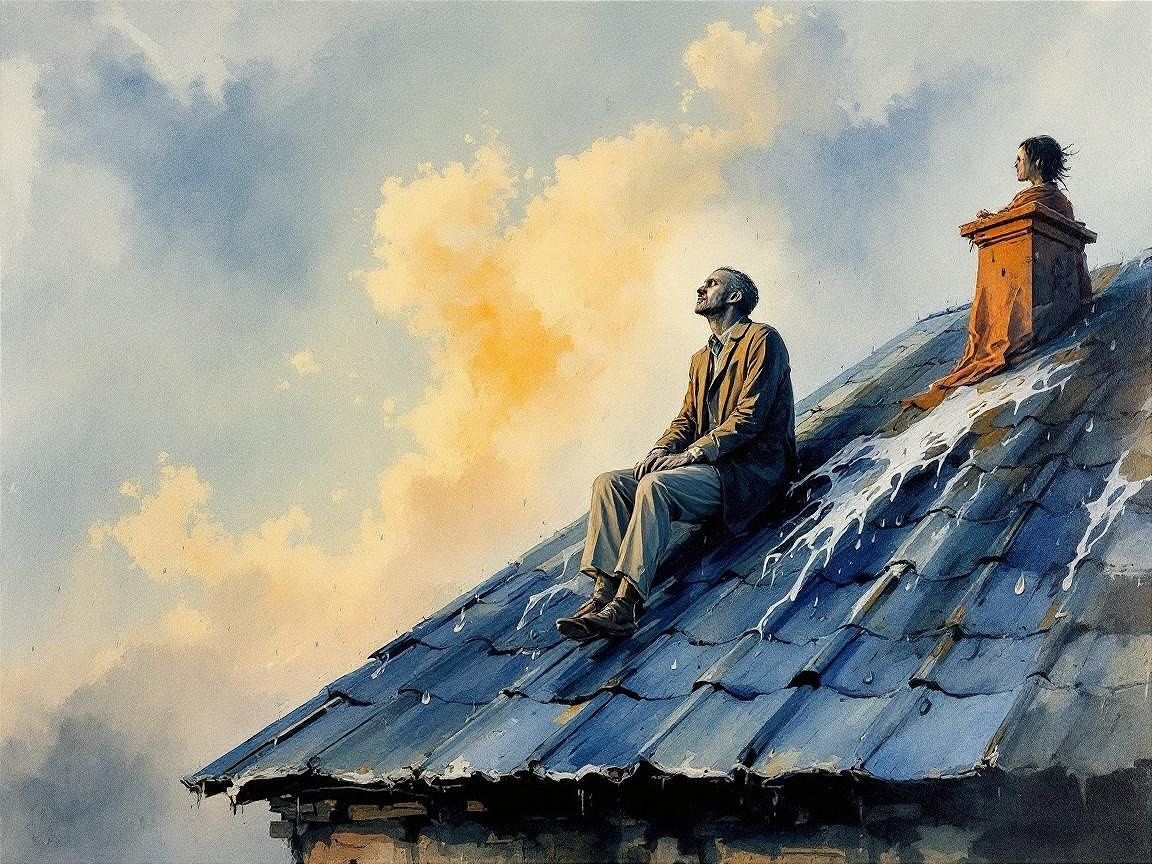 Man and child on rooftop under serene sky clouds