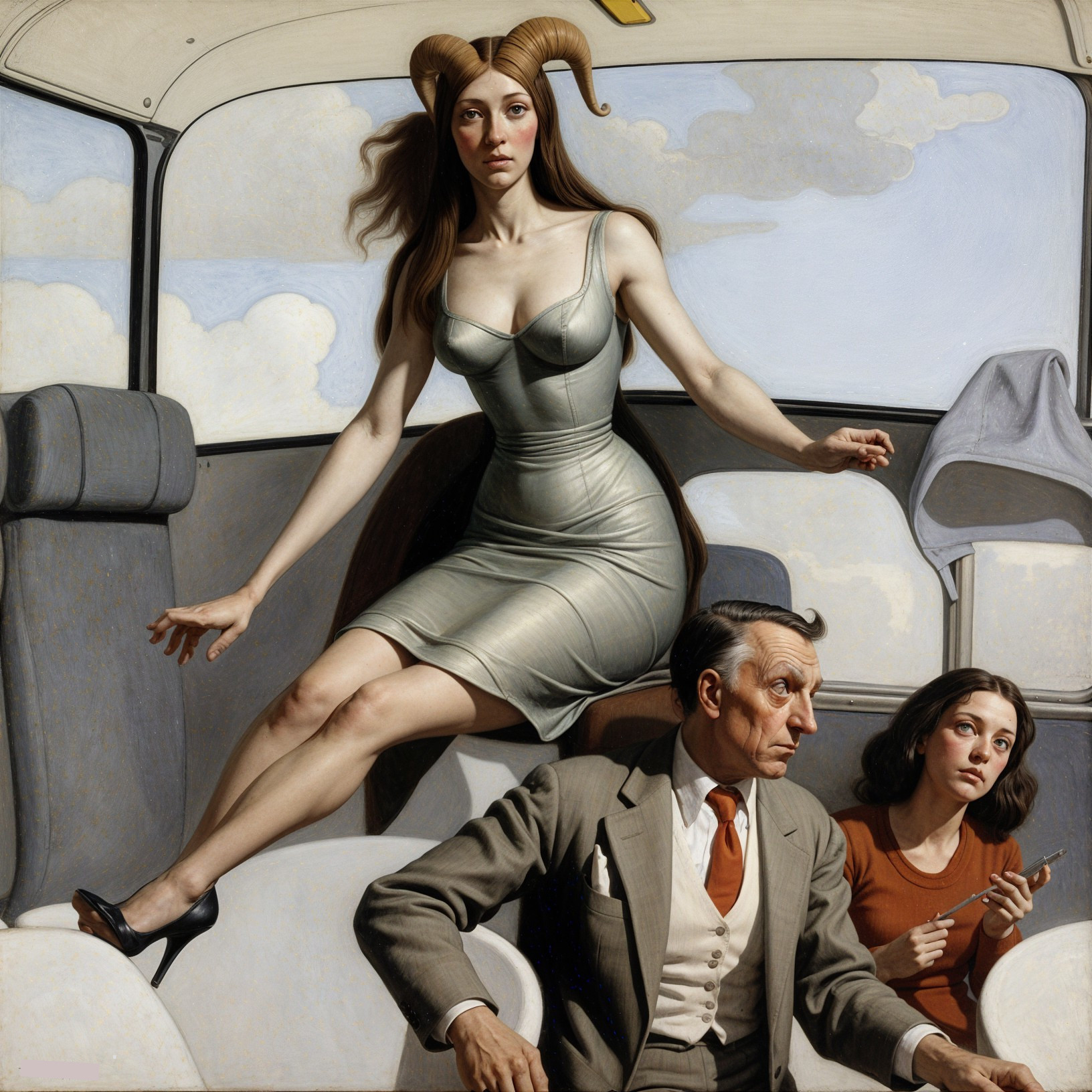 Surreal Bus Interior with Confident Woman and Observers
