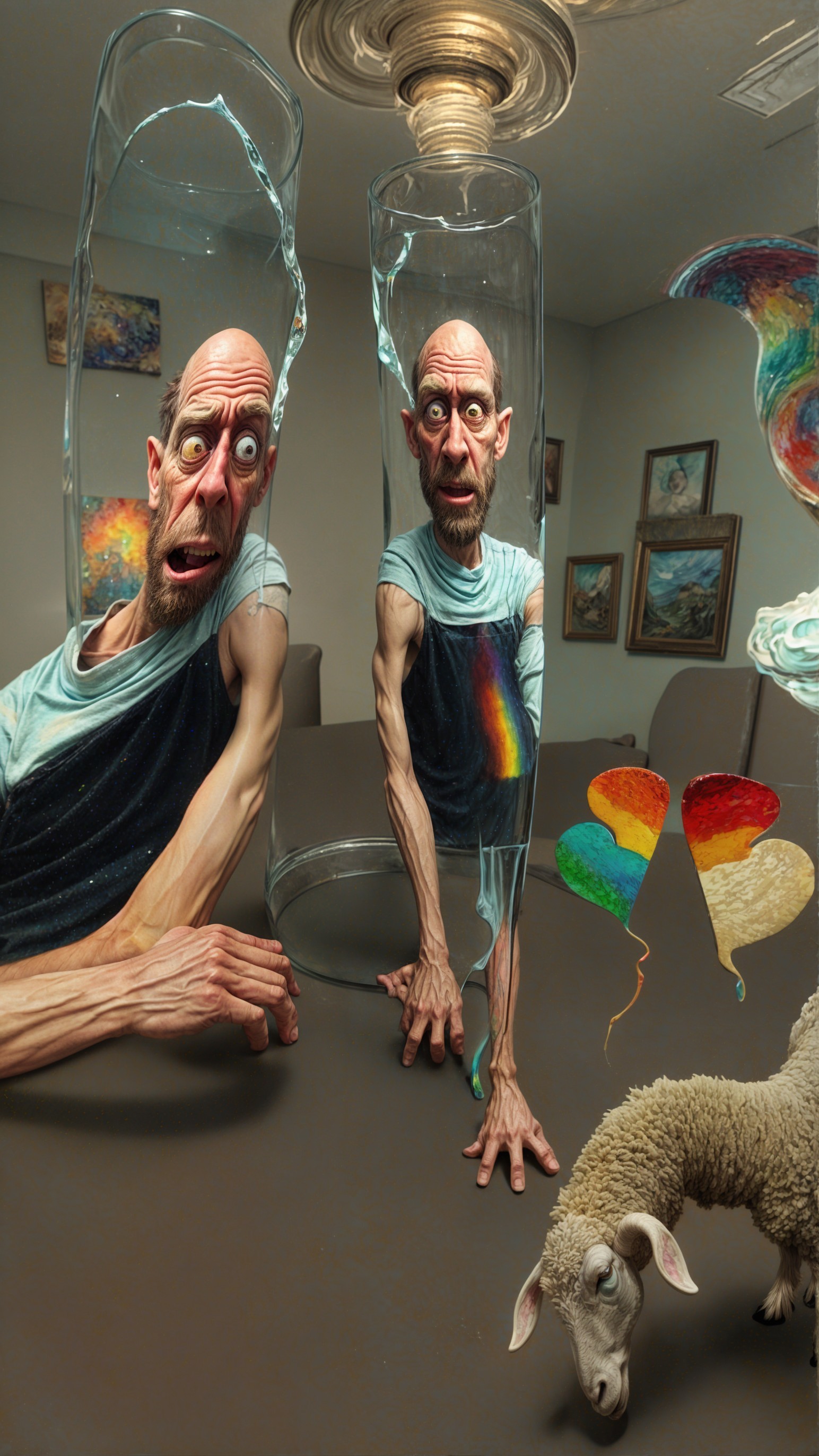 Surreal Figures and Whimsical Sheep in Dreamlike Scene