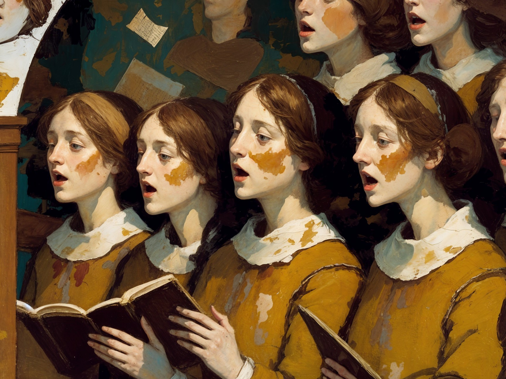 Auburn-Haired Women Singing in Golden-Brown Dresses