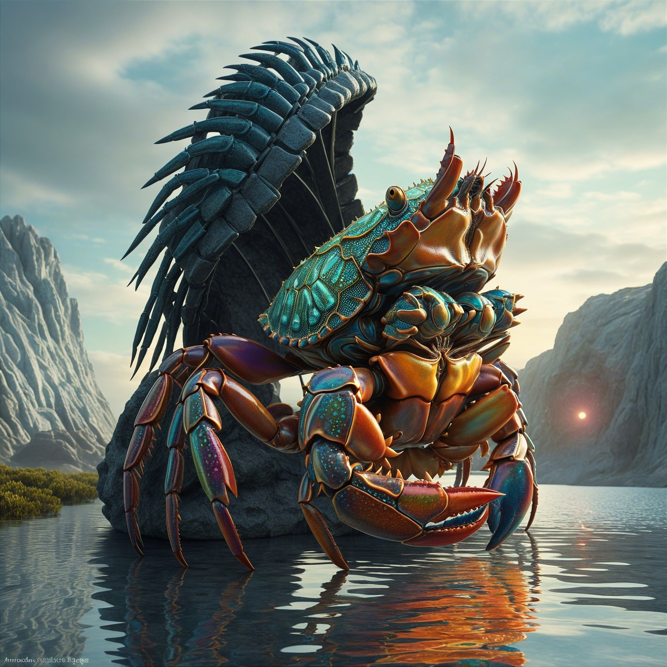 Oversized Crab in Serene Water with Spiky Rocks