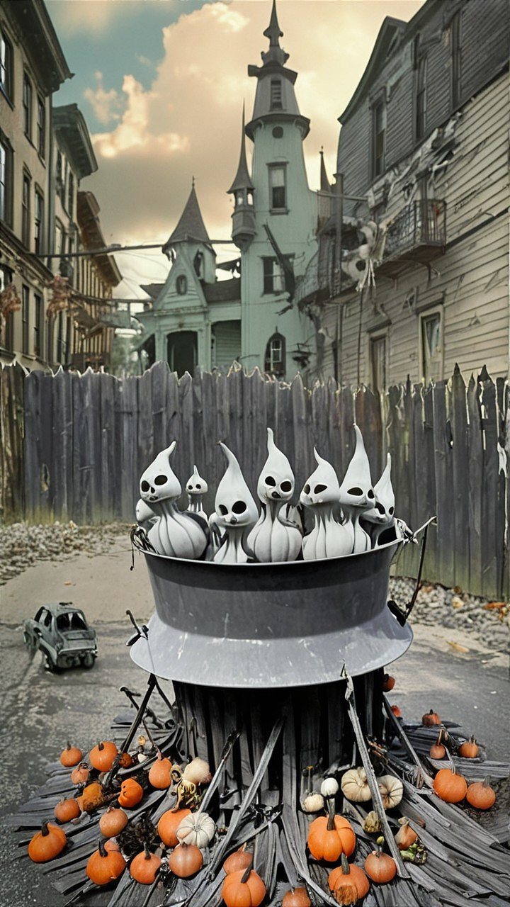 Whimsical Halloween Scene with Ghosts and Pumpkins