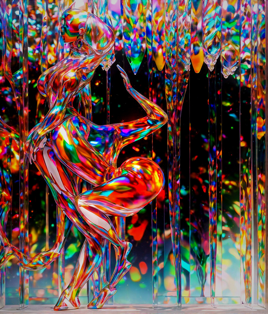 Reflective Figure Surrounded by Vibrant Colors and Prisms