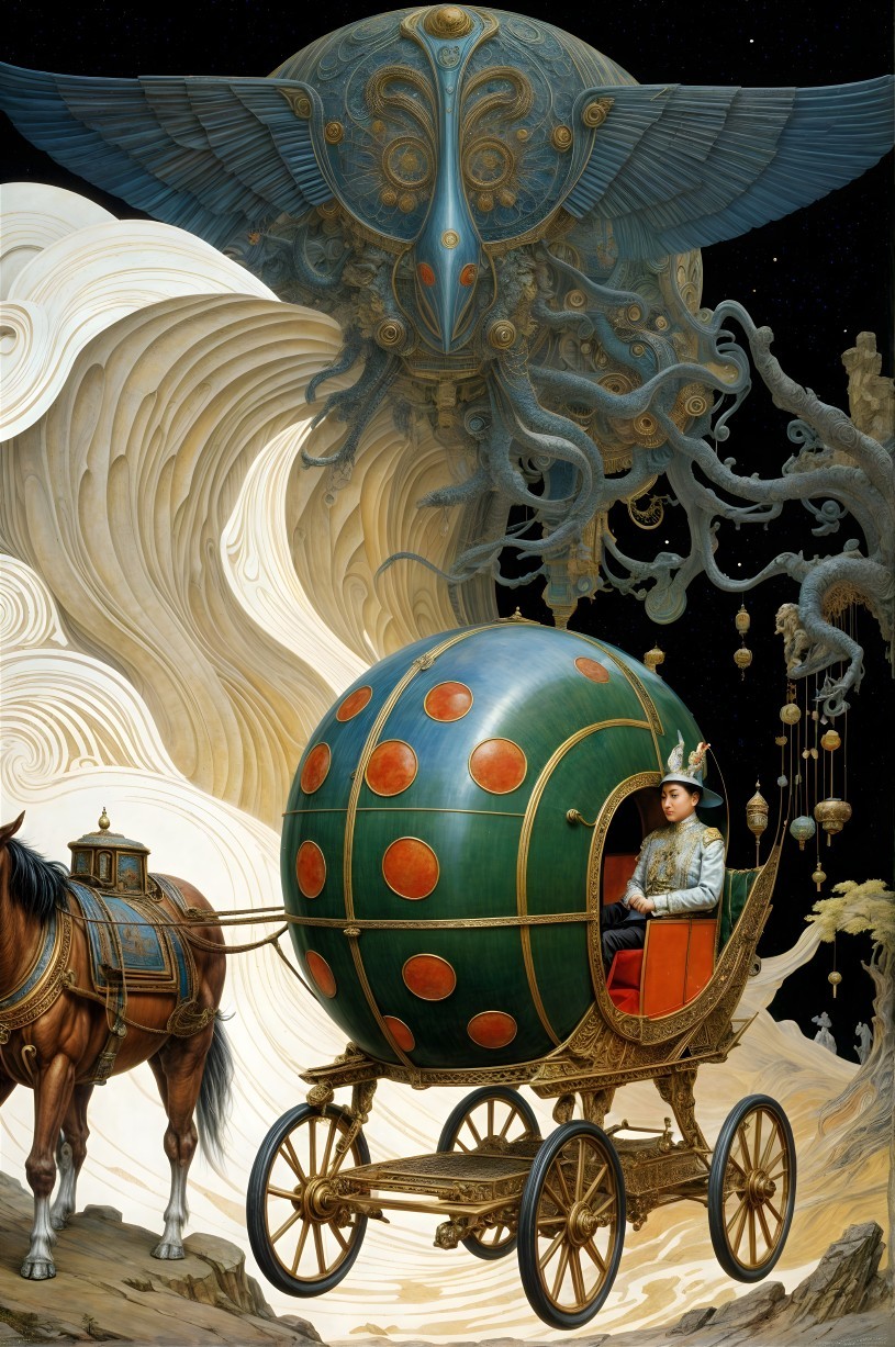 Regal Figure in Ornate Polka Dot Carriage Scene