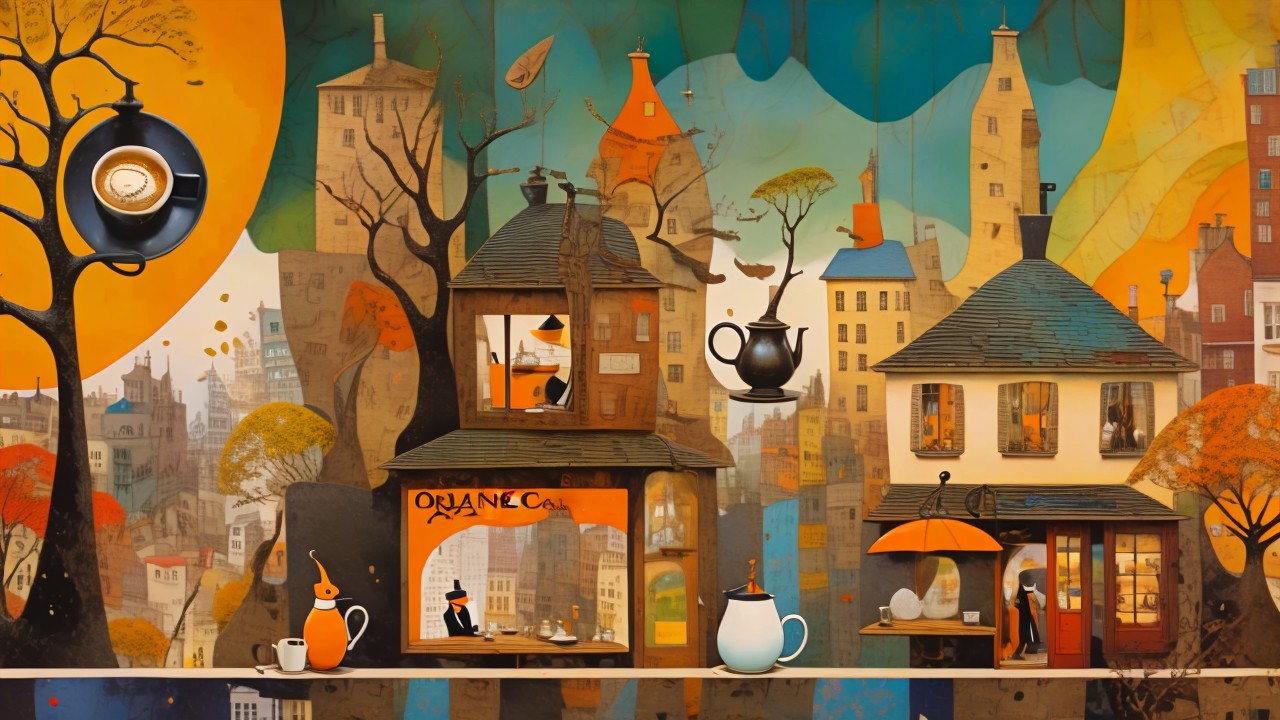 Whimsical Mural of Cozy Café in Colorful Cityscape