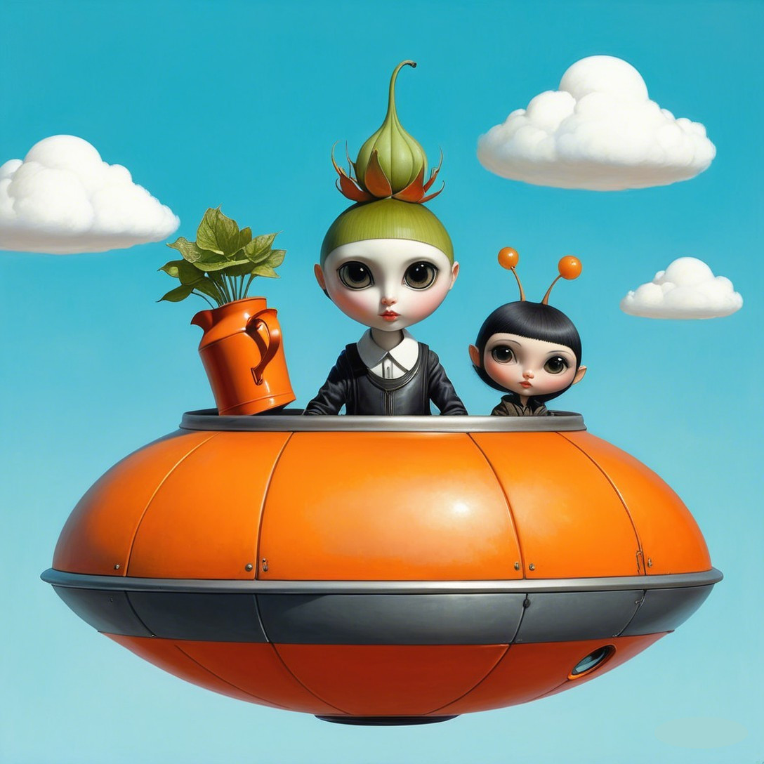 Whimsical Characters in Vibrant Orange Flying Saucer