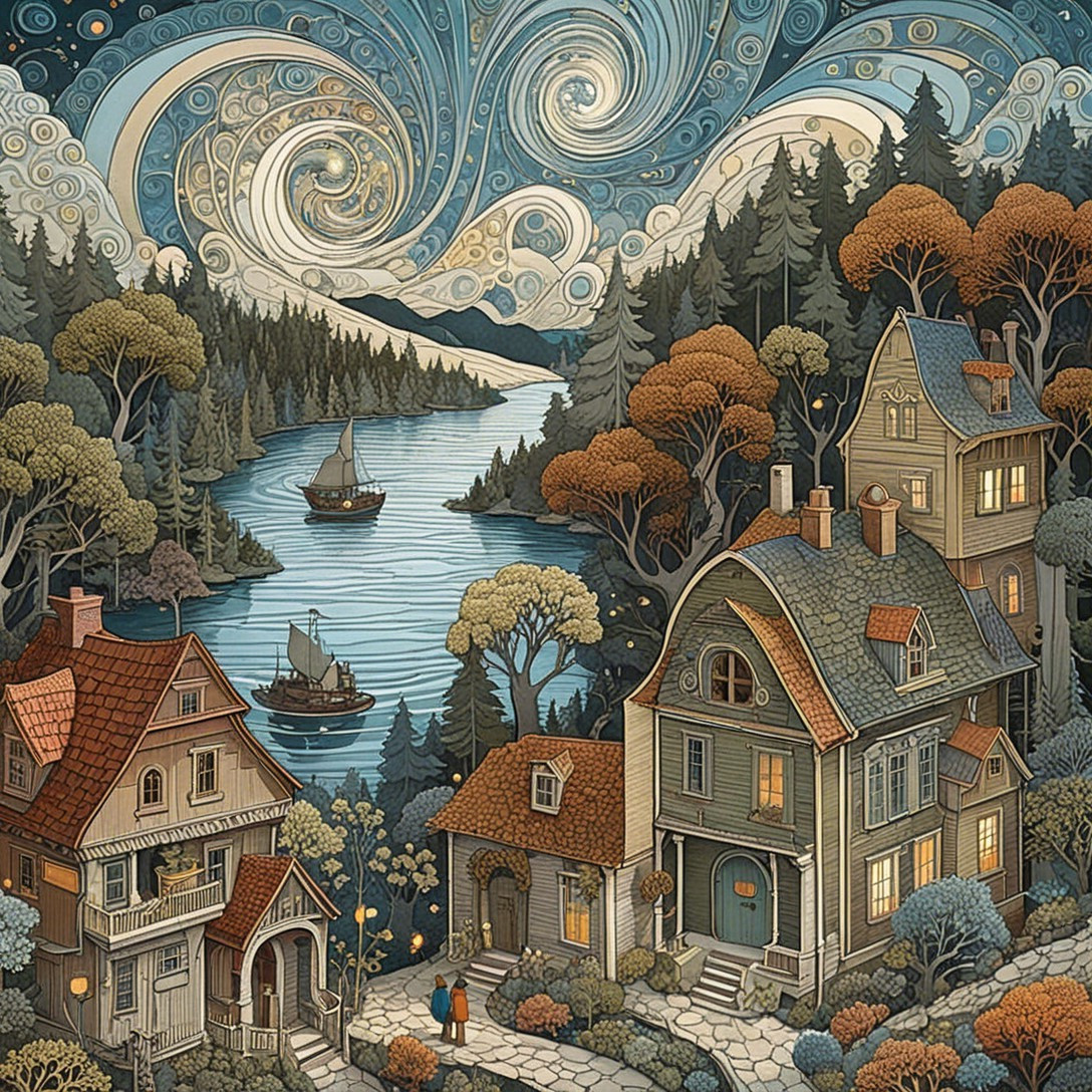 Whimsical Landscape with Houses and Vibrant Nature