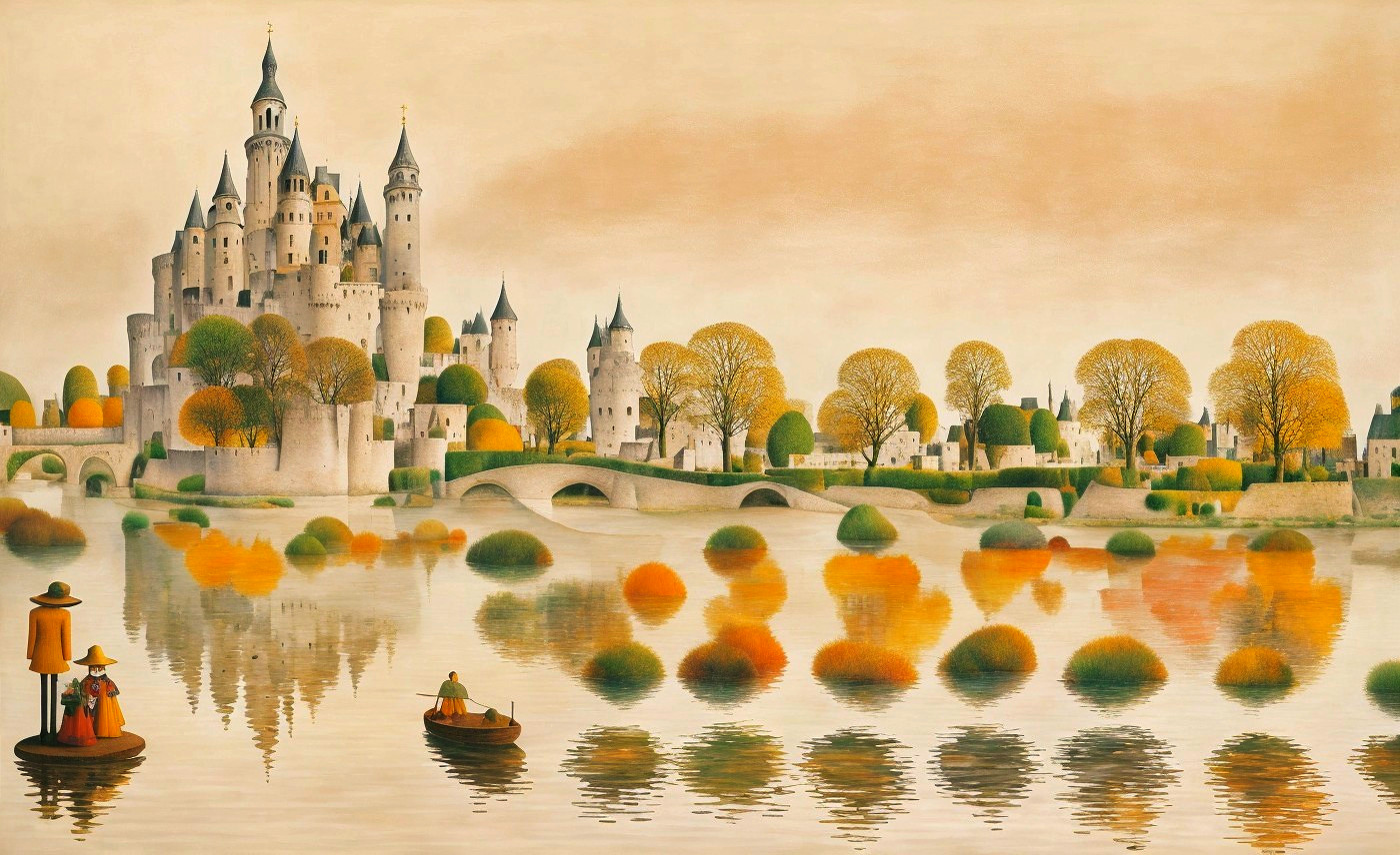 Whimsical Castle Landscape with Pastel Sky and Lake