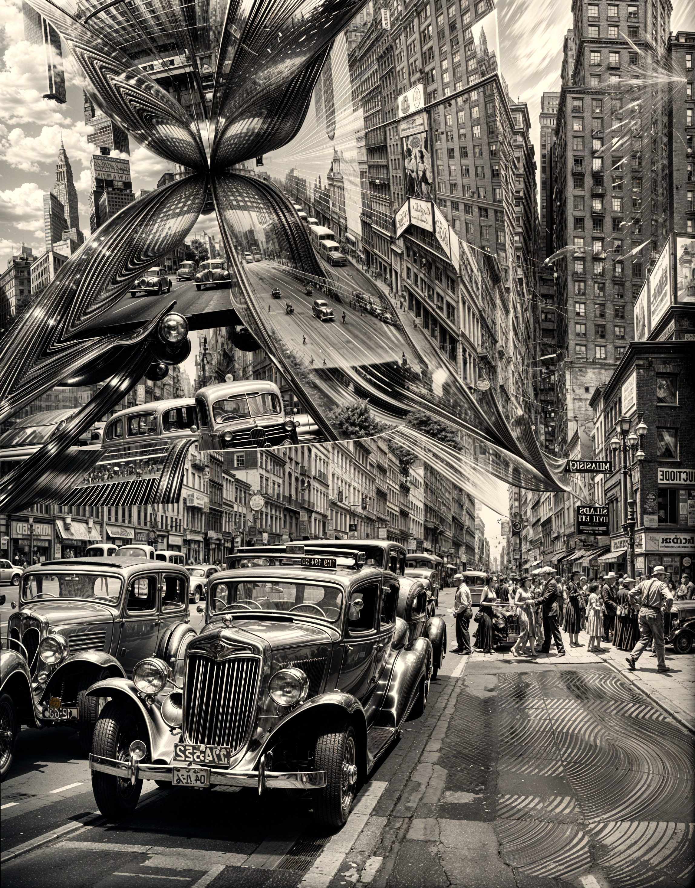 Vintage Cars on a Surreal City Street Scene