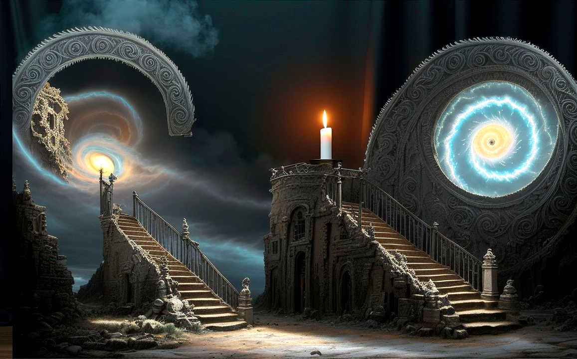 Surreal Landscape with Staircases and Luminous Portals