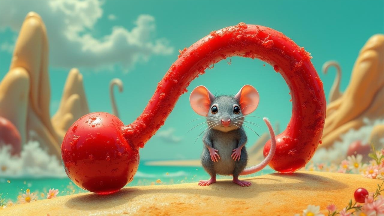Cartoon Mouse on Sandy Shore with Colorful Hills