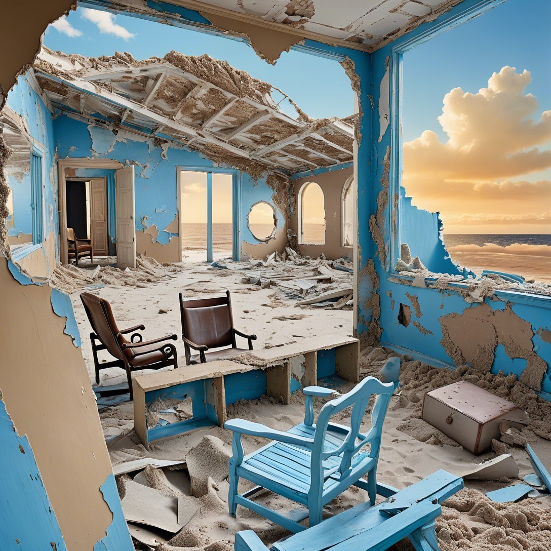 Dilapidated Coastal Room with Crumbling Walls and Sand