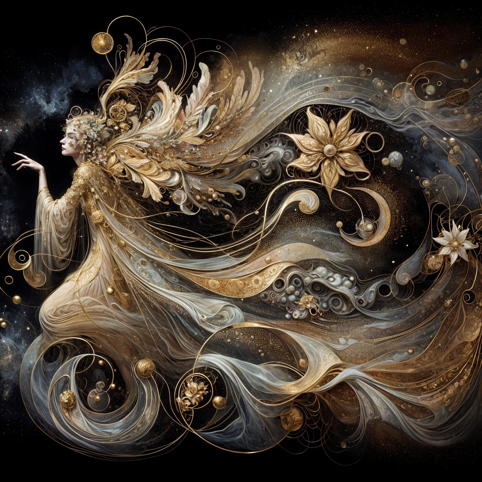 Mystical figure in golden garments in cosmic landscape