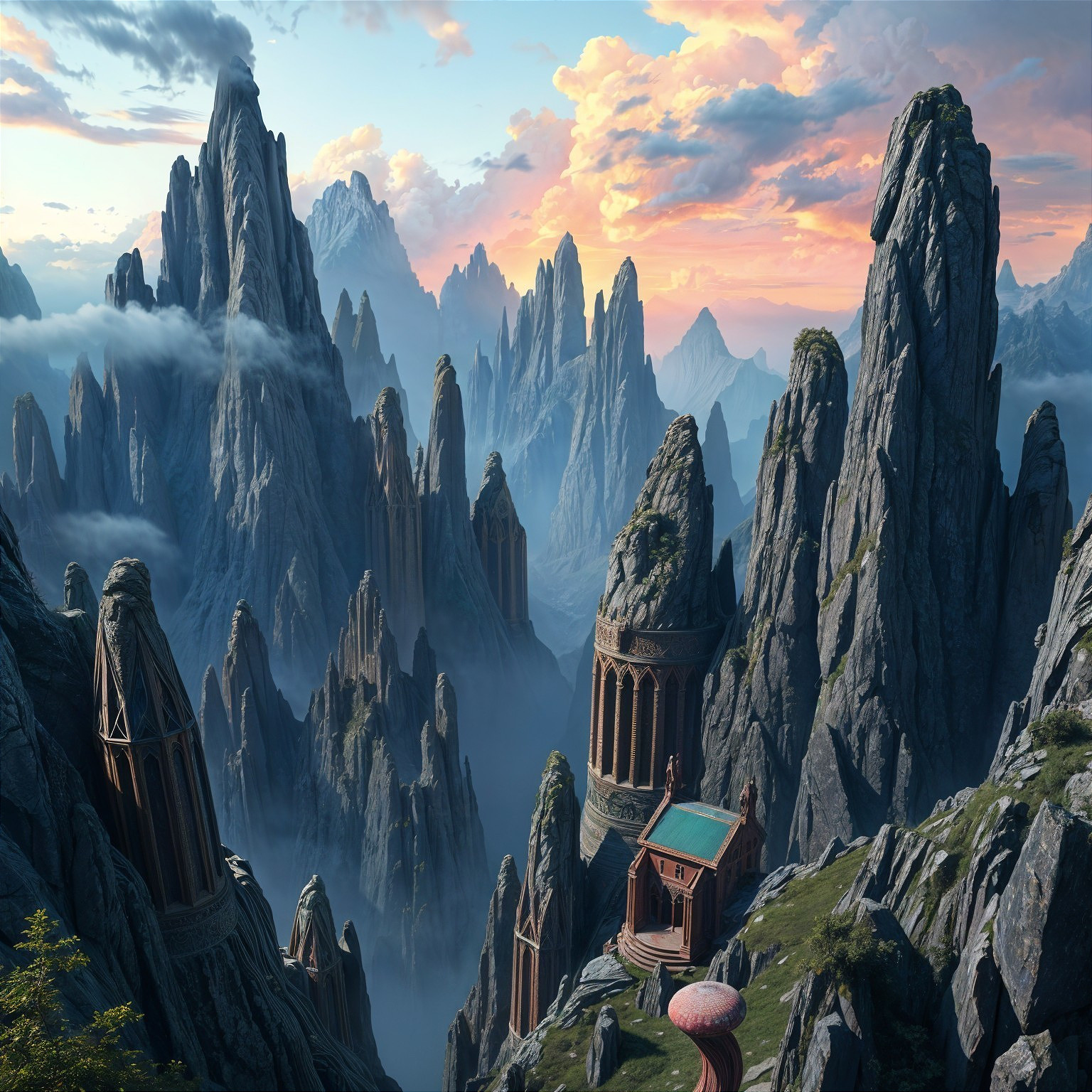 Majestic Mountain Landscape with Sunset and Temple