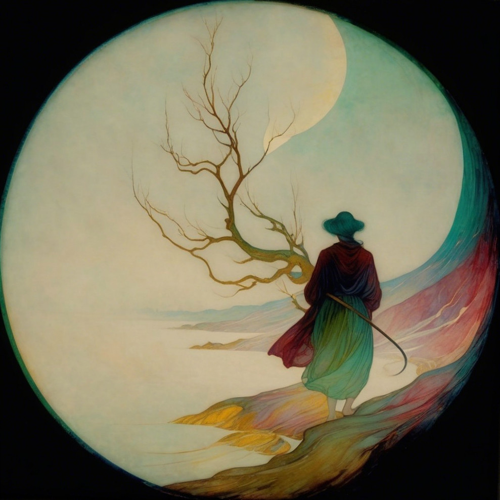Solitary Figure at Serene Landscape with Moon and Water