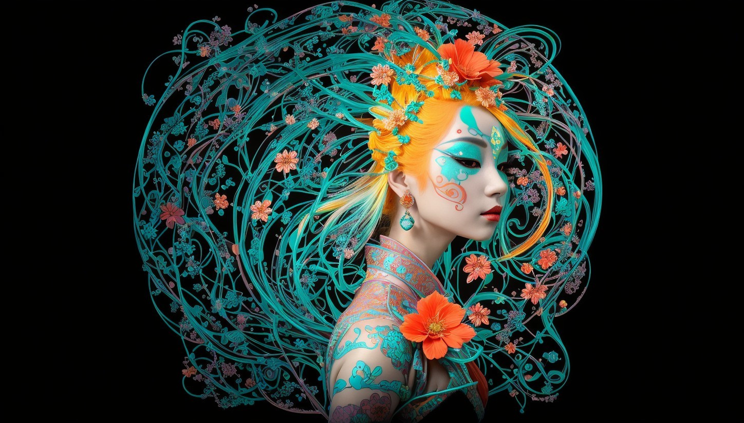 Portrait of a woman with vibrant turquoise and orange hair