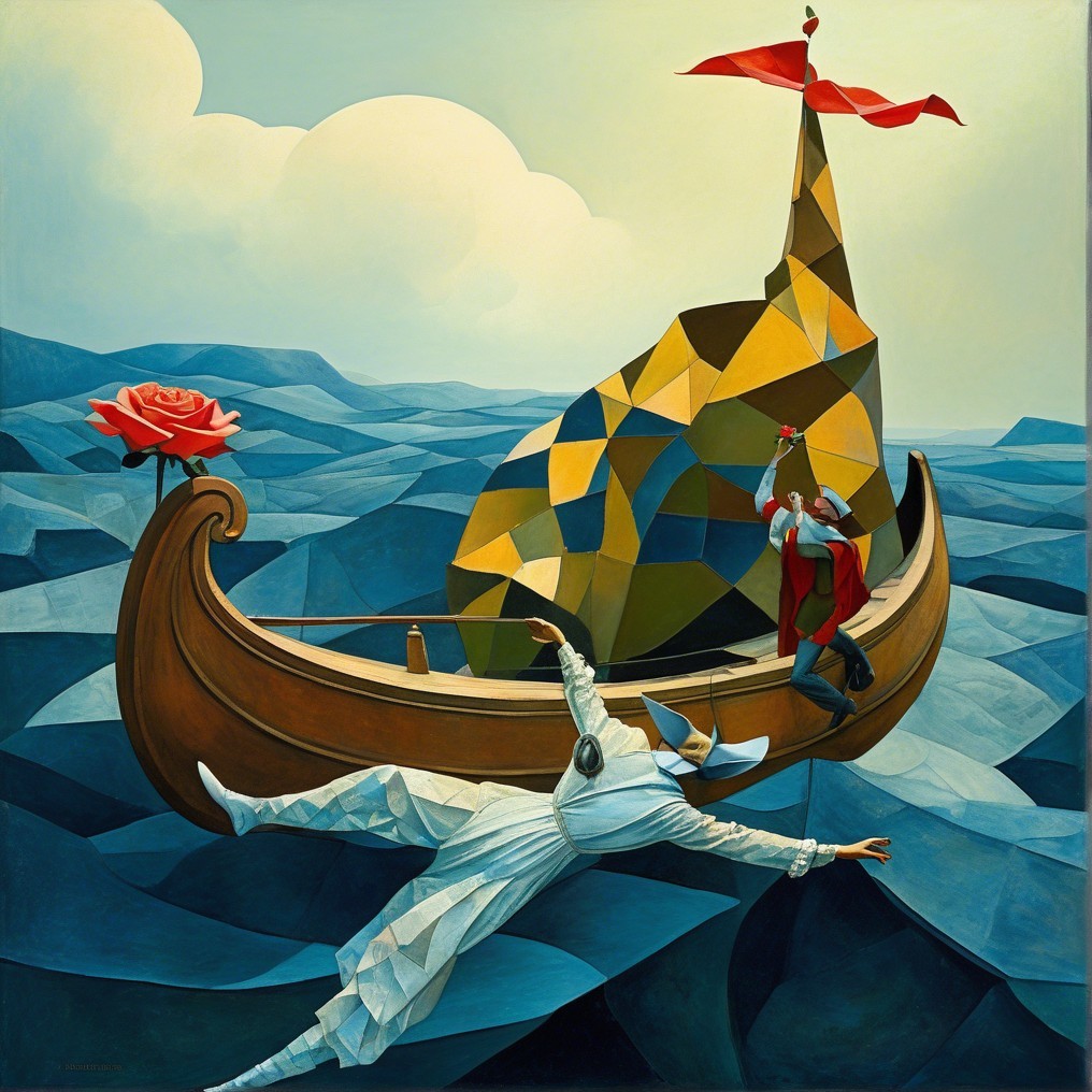 Surreal Painting of Boat in Blue Landscape with Figures