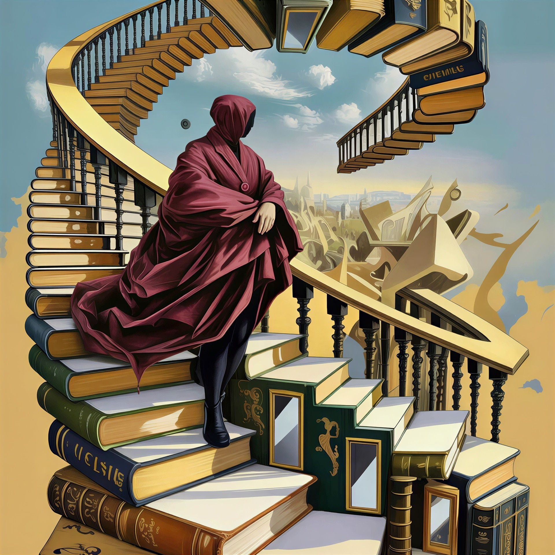 Surrealist Painting of Hooded Figure on Book Staircase