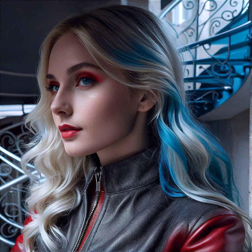 Young woman with blonde hair and bold blue highlights