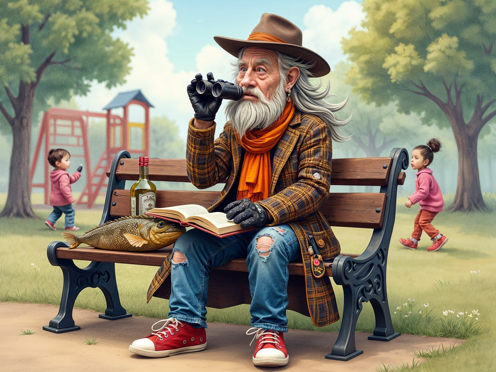 Elderly Man with Binoculars in Vibrant Park Setting