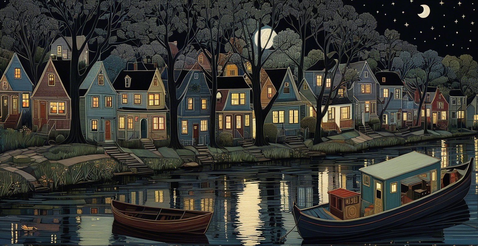 Serene Night Scene of Quaint Village by Waterway
